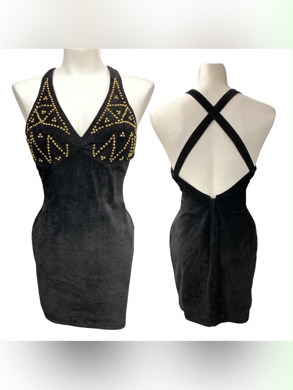 Sandra Barbara Black Studded Backless Velvet Bodycon Dress Size S